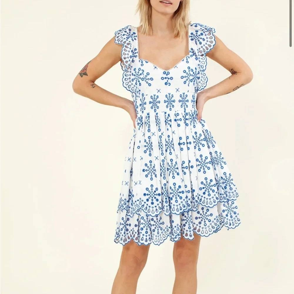 Hale Bob Dress Eyelet Lace Ruffle Embroidery White Blue Boho Angel Size Medium